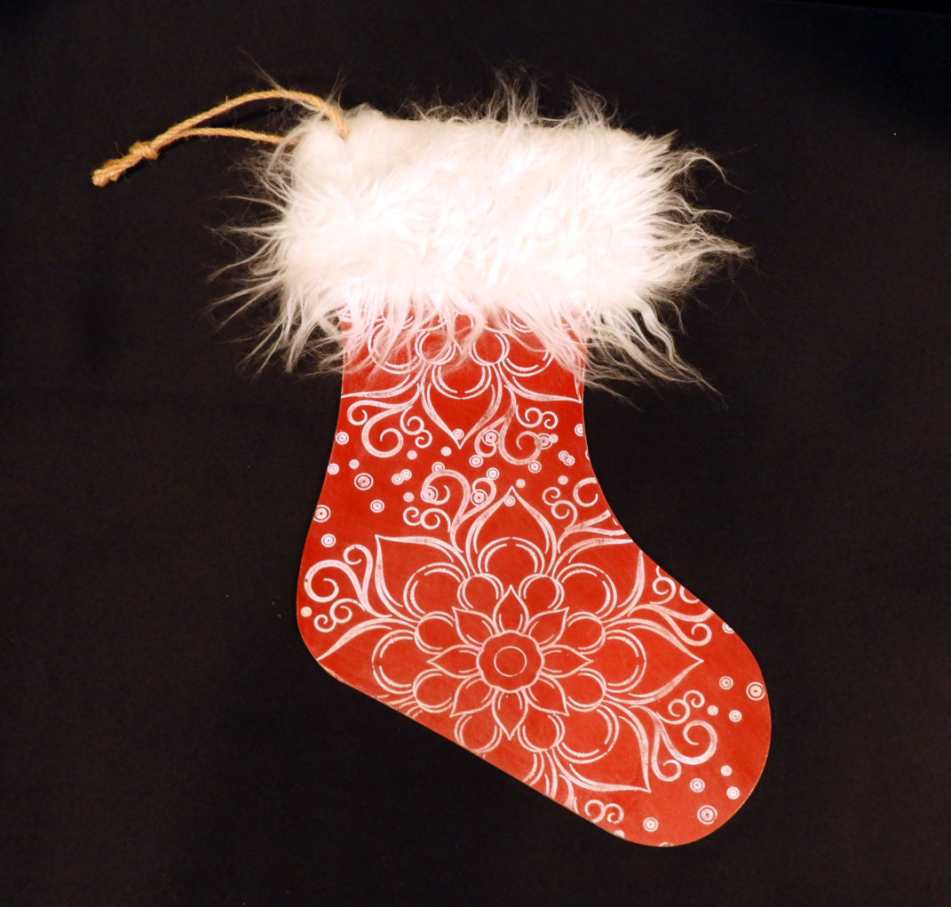 Wood Engraved Mandala Christmas Stocking with Furry Cuff